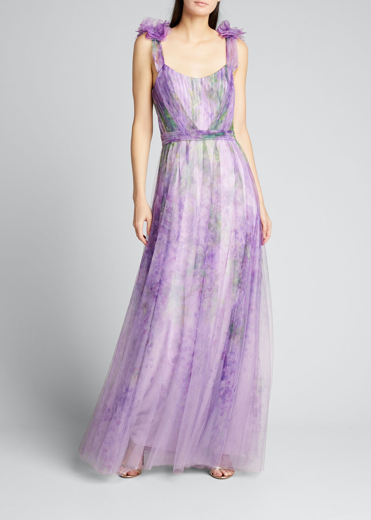 Watercolor Printed Tulle Gown with Draped Bodice – ZARZAR FASHION