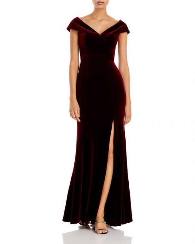 Aqua Off-the-Shoulder Fluted Velvet Gown - 100% Exclusive