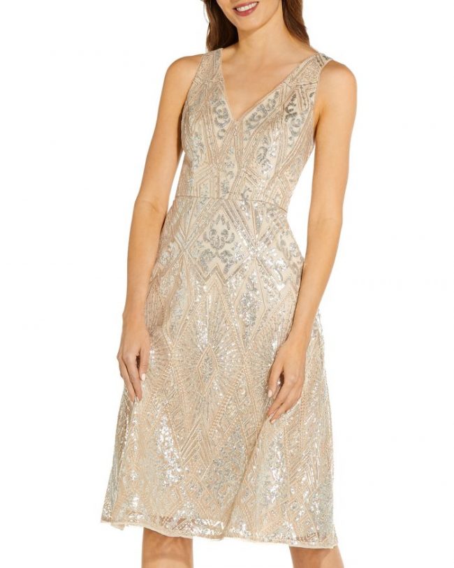 Adrianna Papell Geometric Sequined Fit-and-Flare Dress