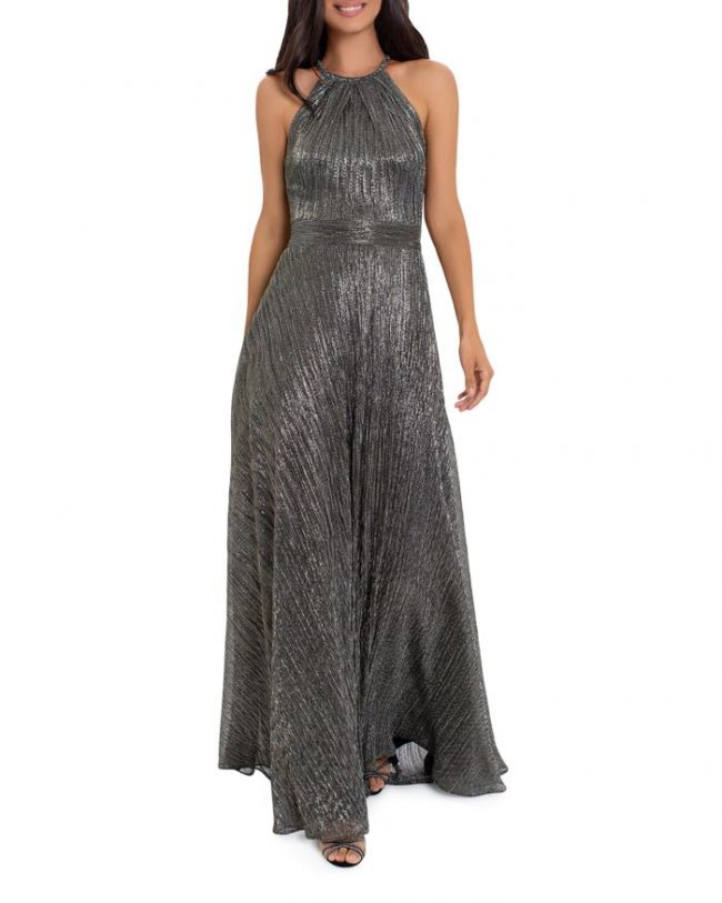 Aqua Metallic Crinkle Halter Gown - 100% Exclusive