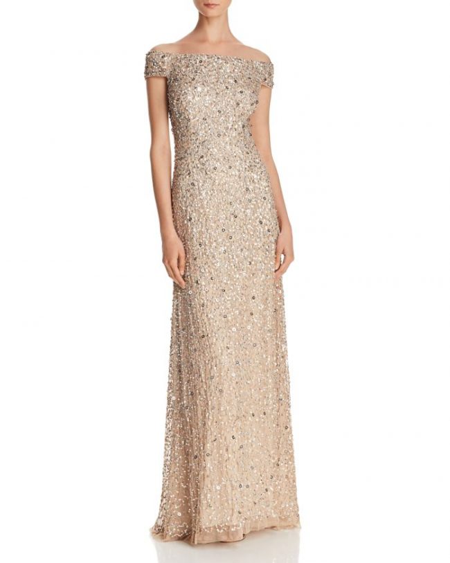 Adrianna Papell Off-the-Shoulder Sequined Gown