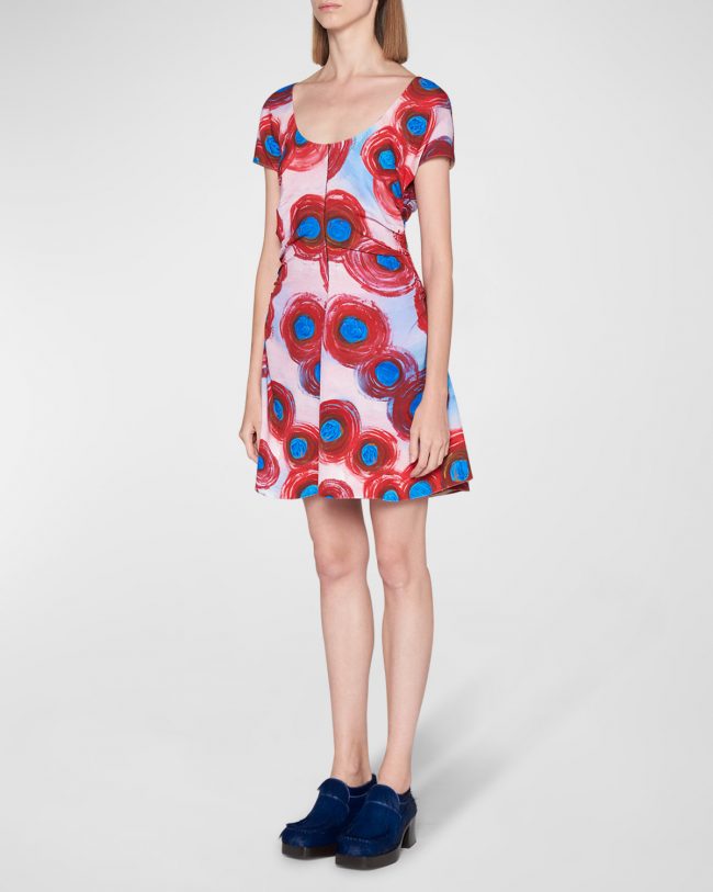 Abstract Dot-Print Scoop-Neck Mini Dress