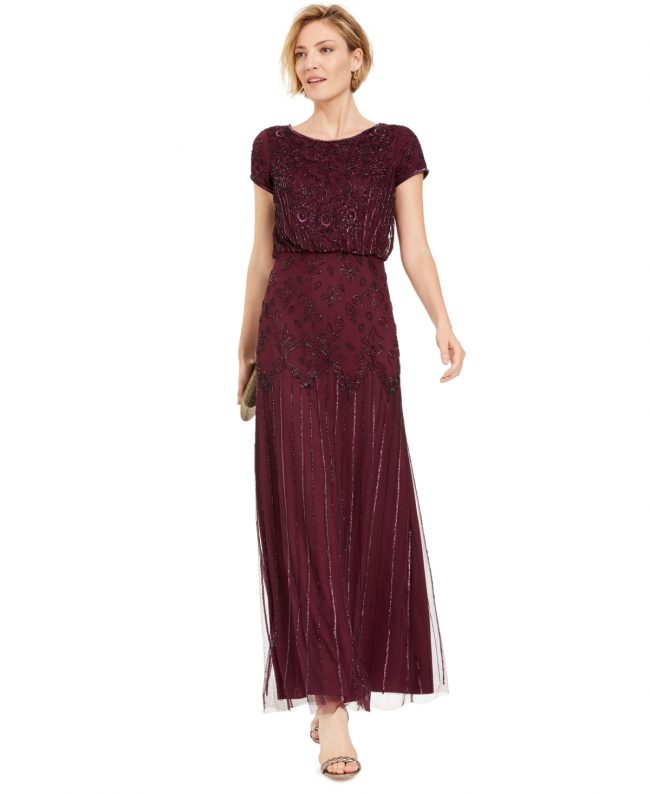 Adrianna Papell Beaded Short-Sleeve Gown - Cassis Red