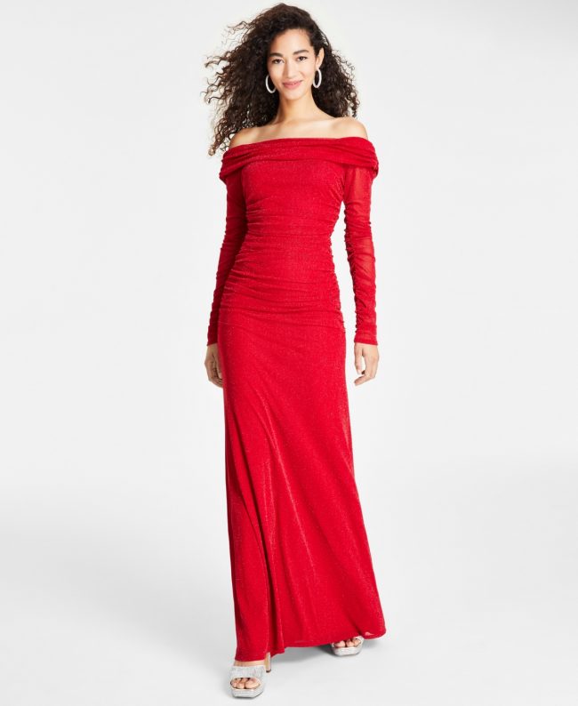 B Darlin Juniors' Metallic Shirred Off-The-Shoulder Gown - Red/Silver