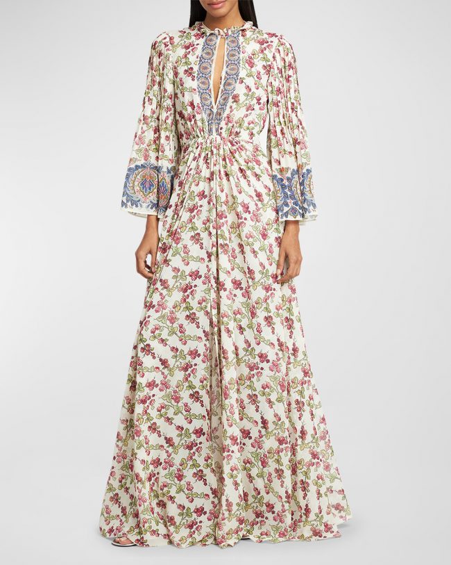 Berry-Print Flutter-Sleeve Silk Gown