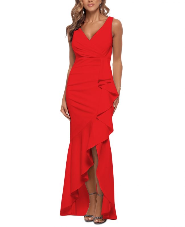 Betsy & Adam Ruffled High-Low Gown - Red