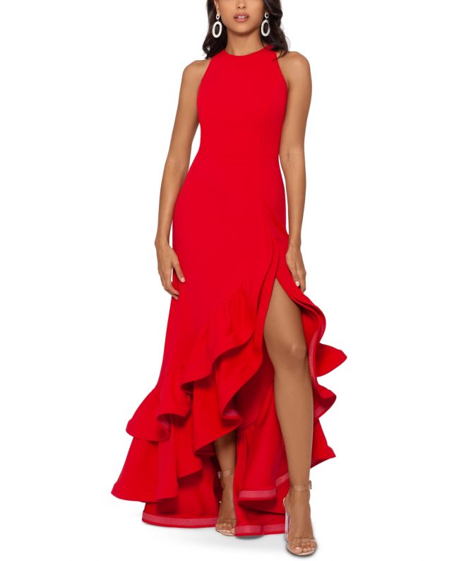 Betsy & Adam Tiered Ruffles Scuba Crepe Gown - Red