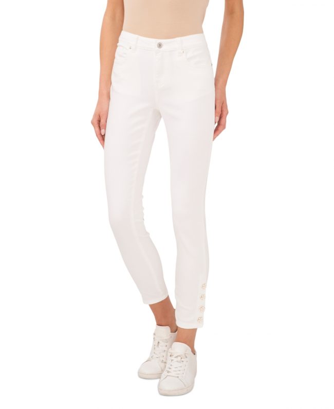 CeCe Women's Floral-Button Mid-Rise White Wash Skinny Jeans - Ultra White