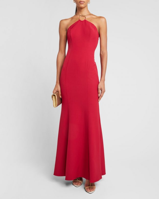 Chain-Strap Crepe Halter Gown