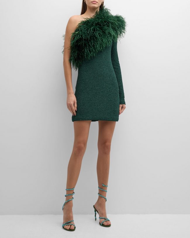 Feather-Trim Textured Metallic Jersey One-Shoulder Mini Dress