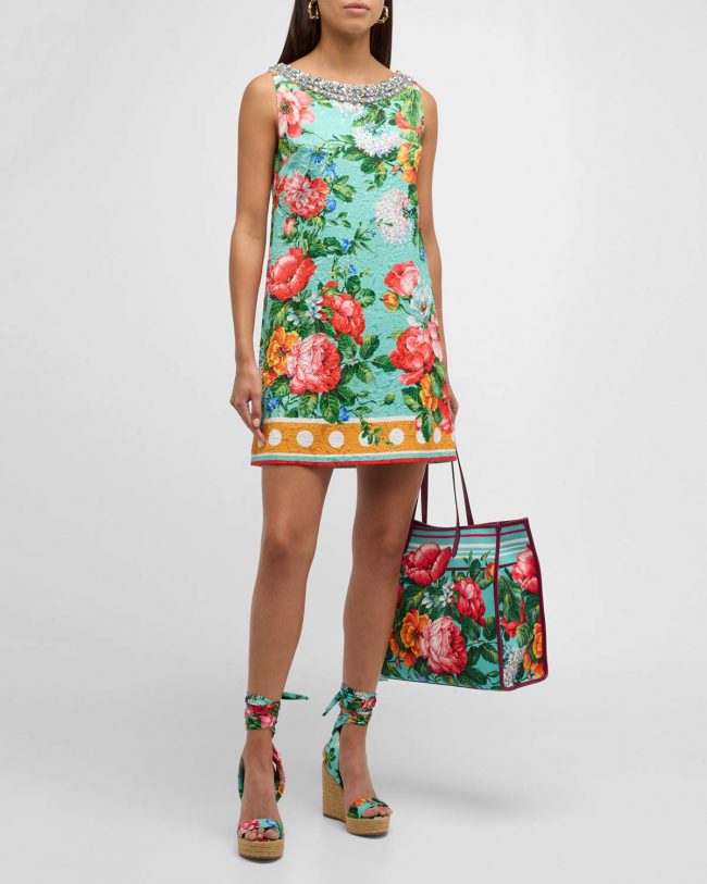 Floral Border-Print Crystal Sleeveless Jacquard Mini Dress