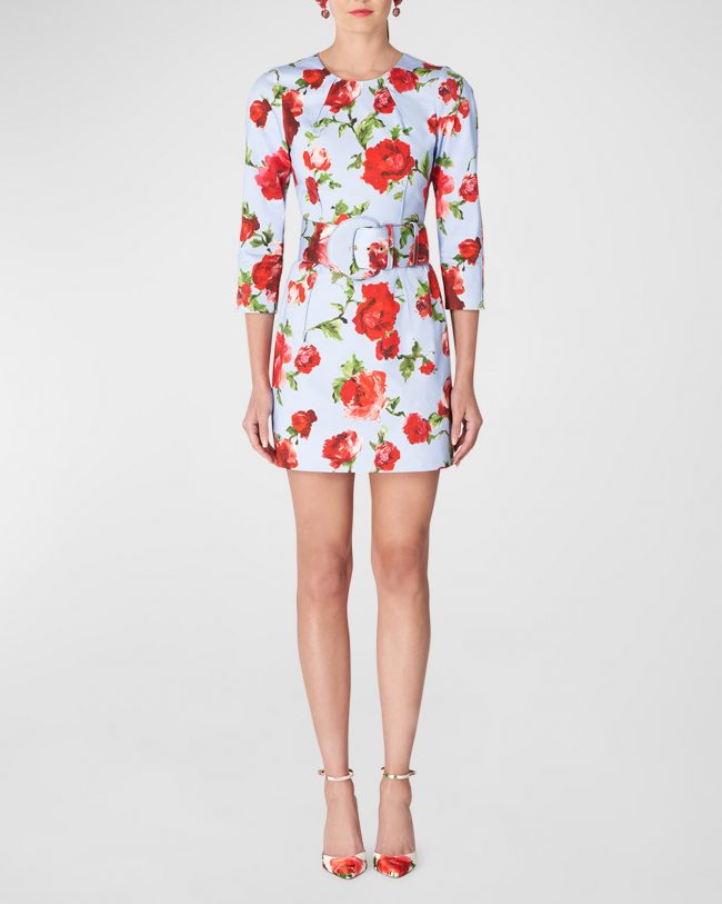 Floral-Print 3/4-Sleeve Mini Dress