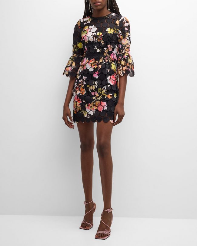 Floral-Print Circle Lace Bell-Sleeve Mini Dress