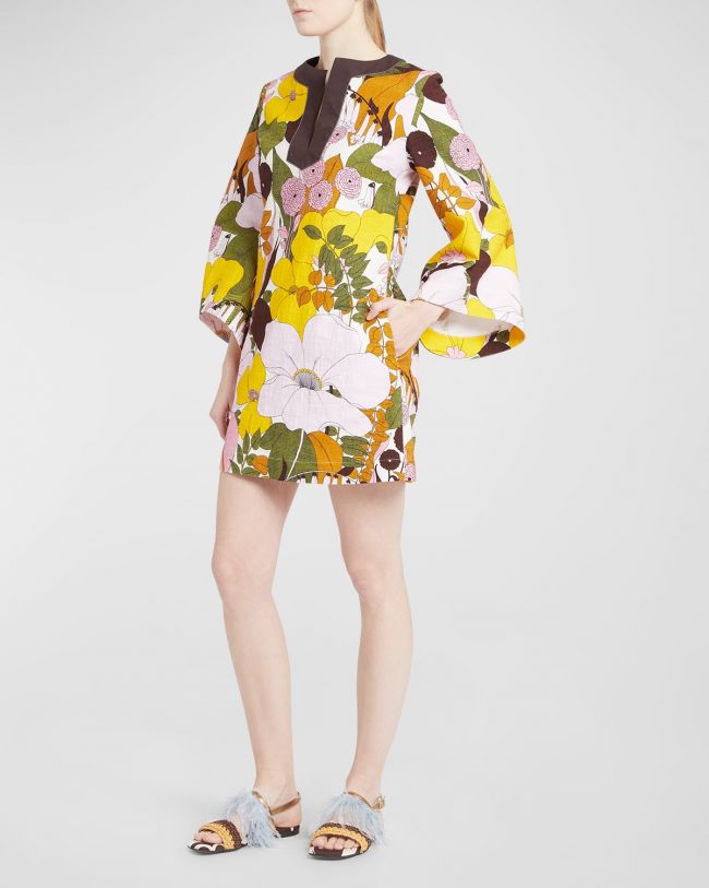 Floral-Print Long-Sleeve Mini Shift Dress