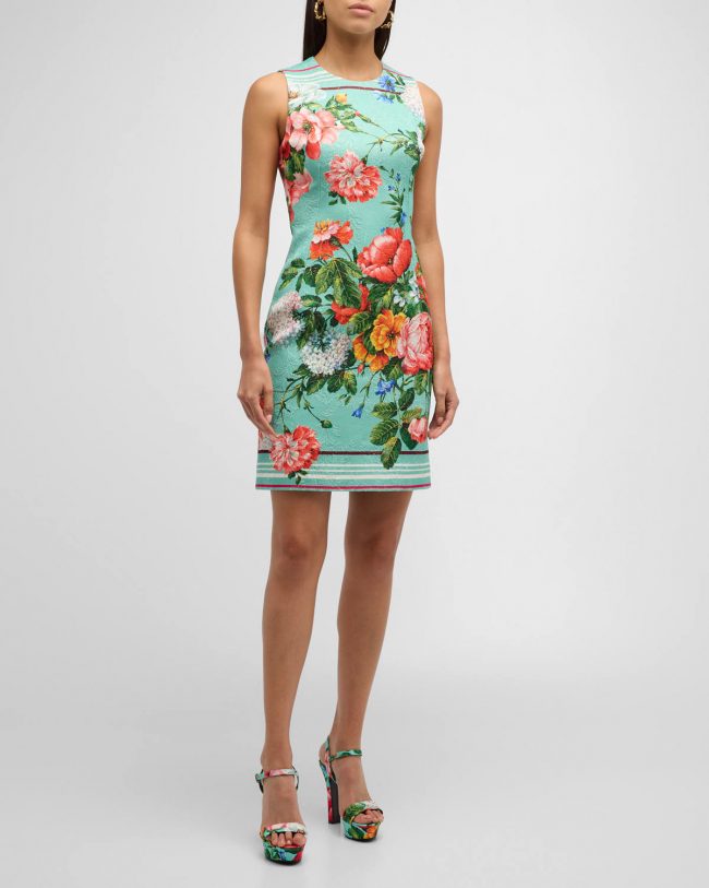 Floral-Print Sleeveless Metallic Jacquard Mini Dress