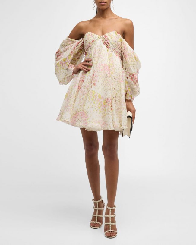 Floral-Print Sweetheart-Neck Long-Sleeve Empire-Waist Mini Dress