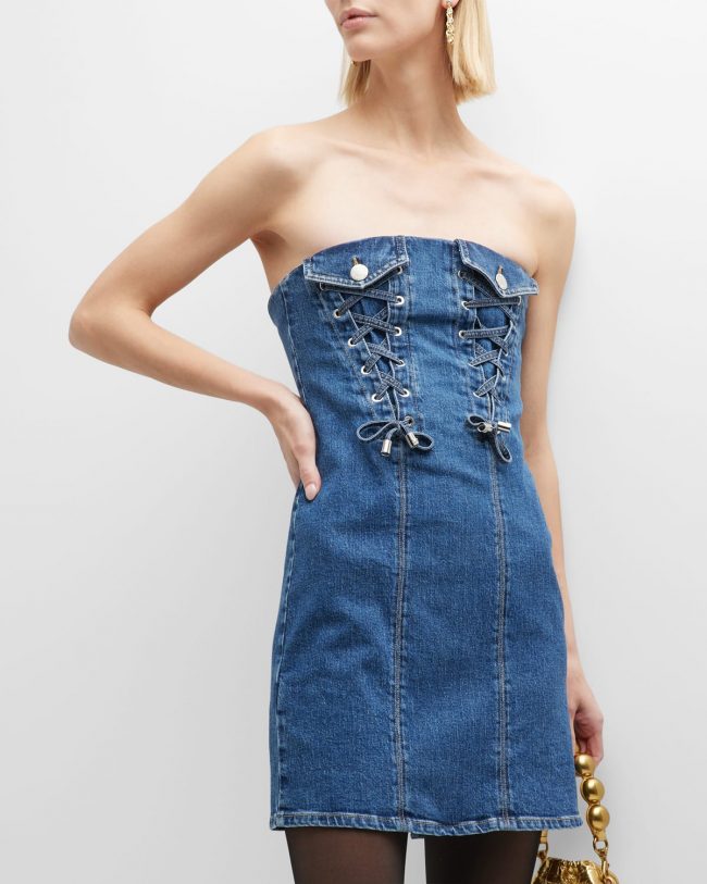 Goal Lace-Up Strapless Denim Mini Dress