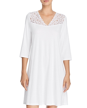 Hanro Moments Lace Trim Three-Quarter Sleeve Cotton Gown