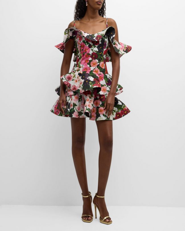 Hollyhocks Floral-Print Off-The-Shoulder Ruffle Mini Dress
