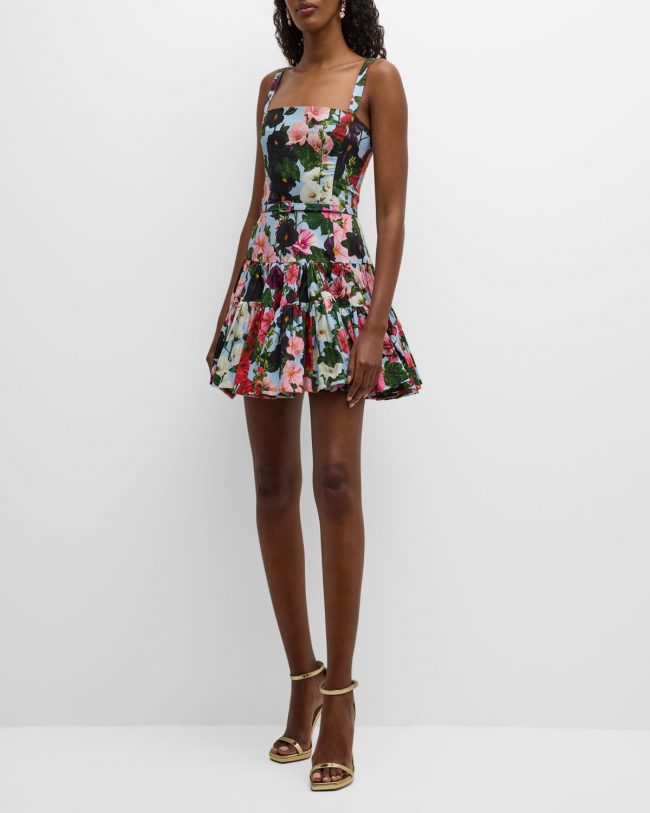 Hollyhocks Floral-Print Tiered Sleeveless Belted Mini Dress