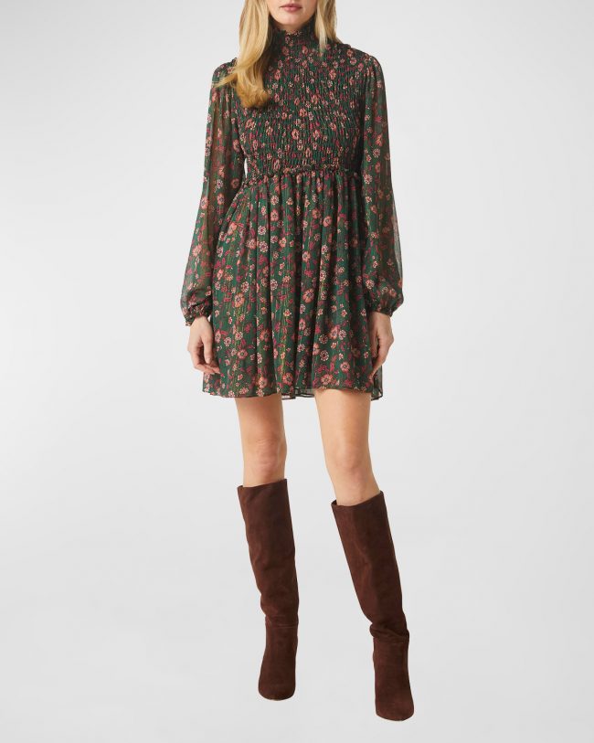Jessa Blouson-Sleeve Floral Chiffon Smocked Mini Dress