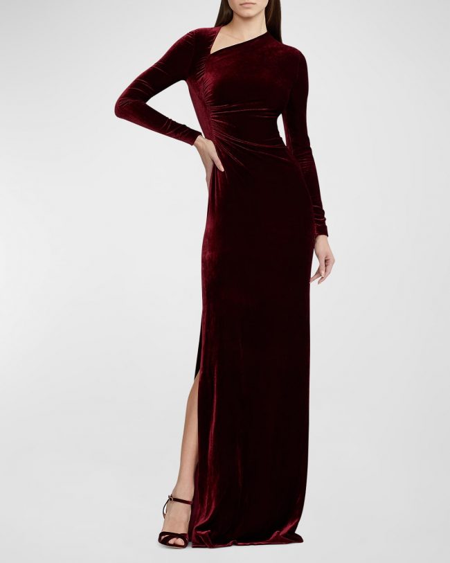 Kinslee Ruched Long-Sleeve Velvet Gown