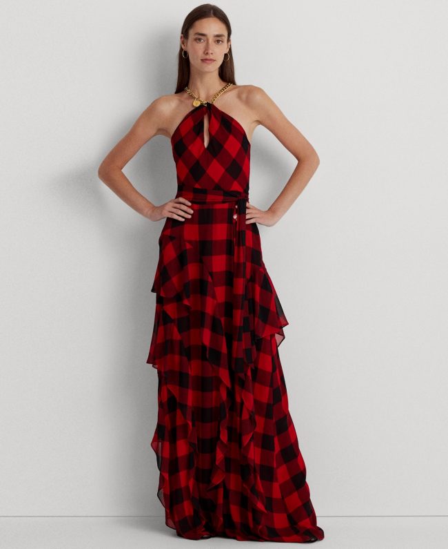 Lauren Ralph Lauren Women's Buffalo Check Halter Gown - Red/Black
