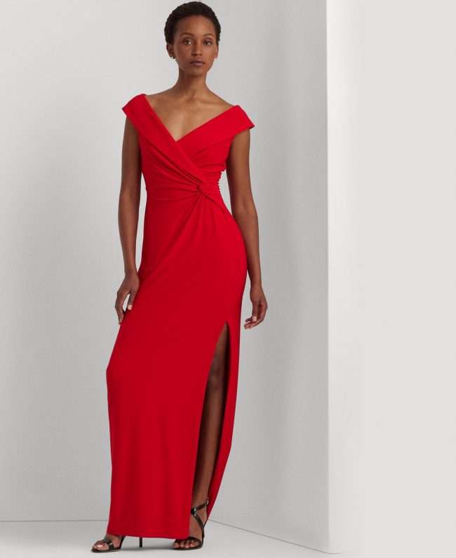 Lauren Ralph Lauren Women's Jersey Off-the-Shoulder Side-Slit Column Gown - Martin Red
