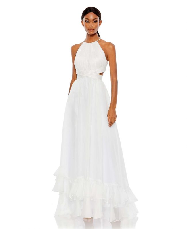 Mac Duggal Women's Pleated Criss Cross Cut Out Halter Neck Gown - White