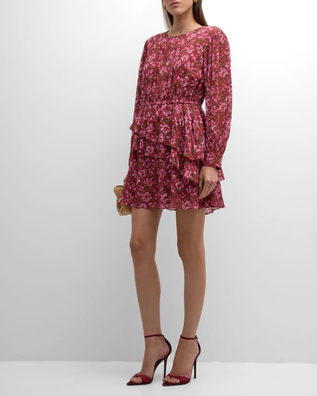 Meg Floral-Print Ruffle Chiffon Mini Dress
