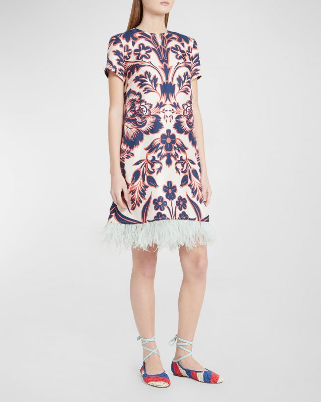 Patterned Mini Swing Dress with Feather Trim