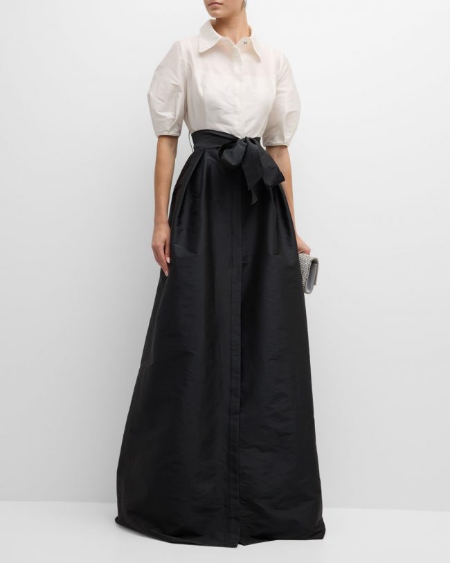 Puff-Sleeve Two-Tone Tafetta Shirt Gown