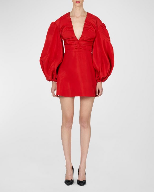 Ruched Plunging Balloon-Sleeve Mini Dress