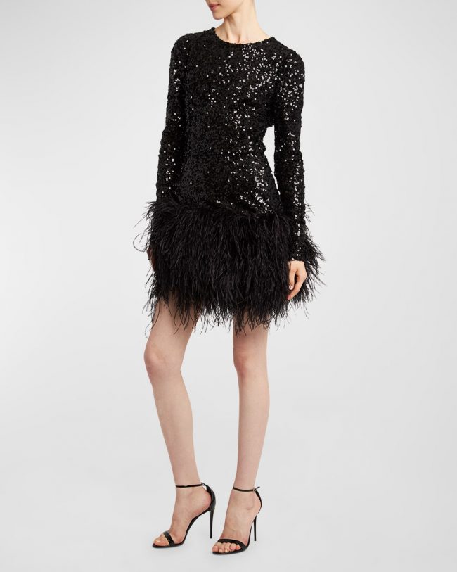 Sequin Long-Sleeve Mini Dress With Ostrich Feather Trim
