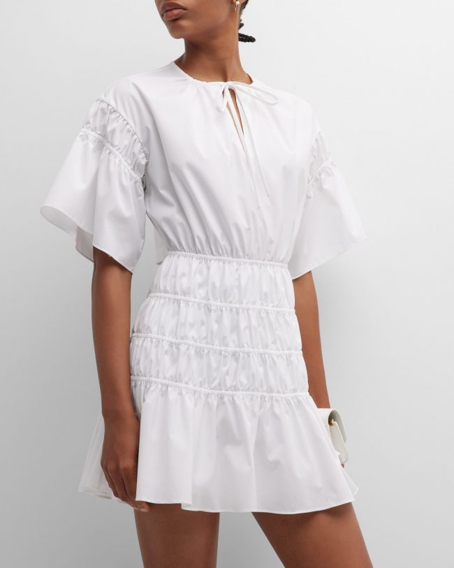 Shirred Wide-Sleeve Cutout Mini Dress