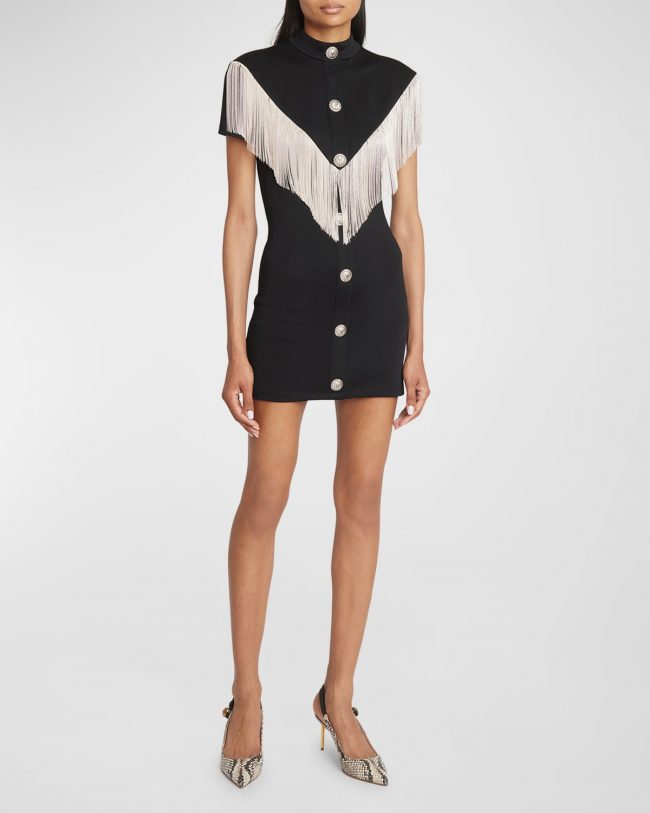 Short-Sleeve Fringed Jersey Mini Dress