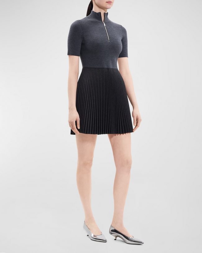 Short-Sleeve Pleated Knit Combo Mini Dress
