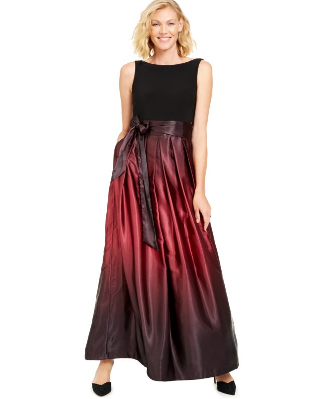 Sl Fashions Ombre Satin Bow Sash Gown - Black/Fig Red
