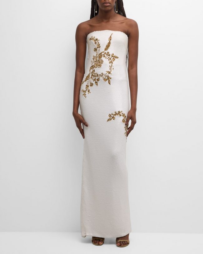 Strapless Bead Embroidered Sequin Column Gown