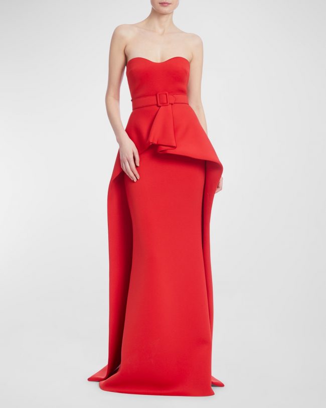 Strapless Belted Peplum Gown