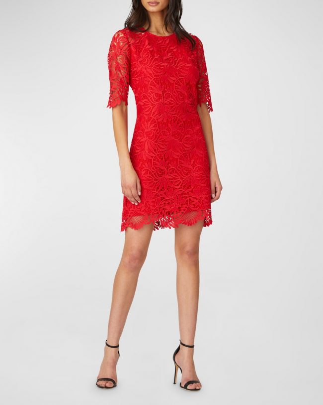 Taryn Elbow-Sleeve A-Line Lace Mini Dress