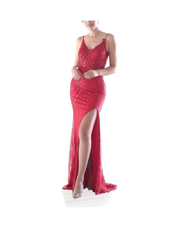 Terani Couture High Slit Long Gown with Spaghetti Straps - Red