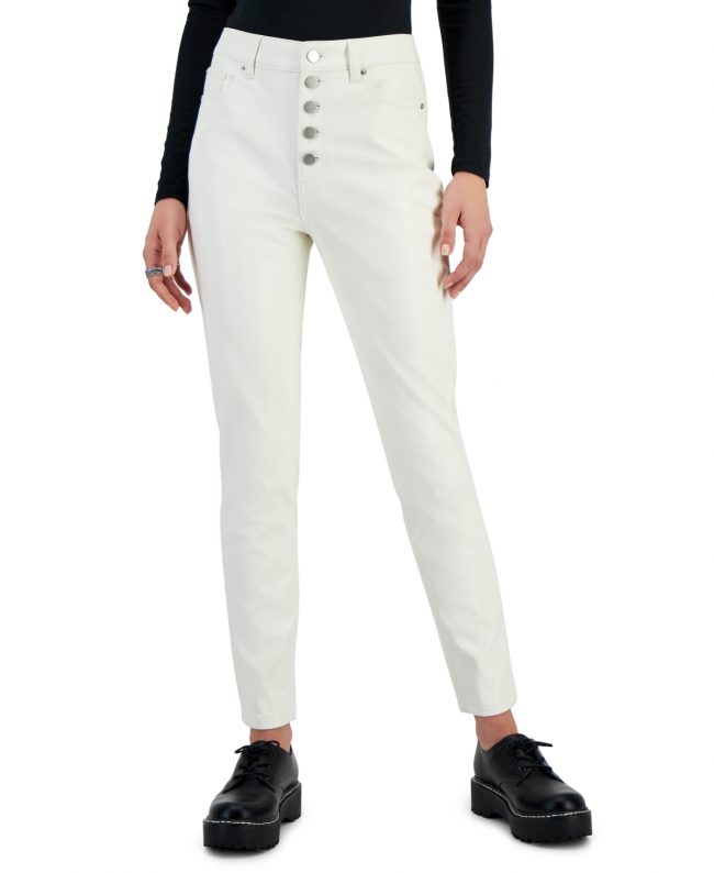 Tinseltown Juniors' Exposed Button-Fly Patent Skinny Jeans - Winter White