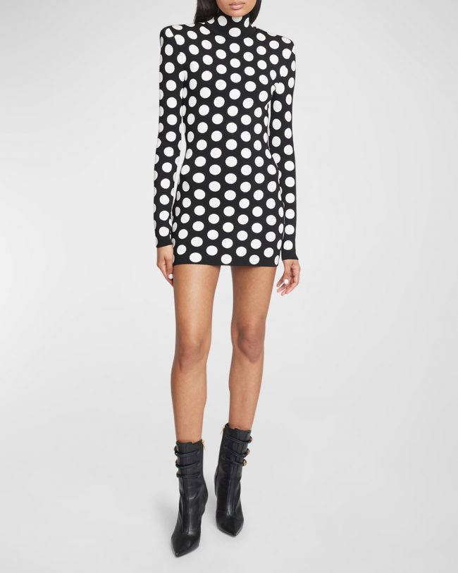 Turtleneck Strong-Shoulder Polka-Dot Knit Mini Dress