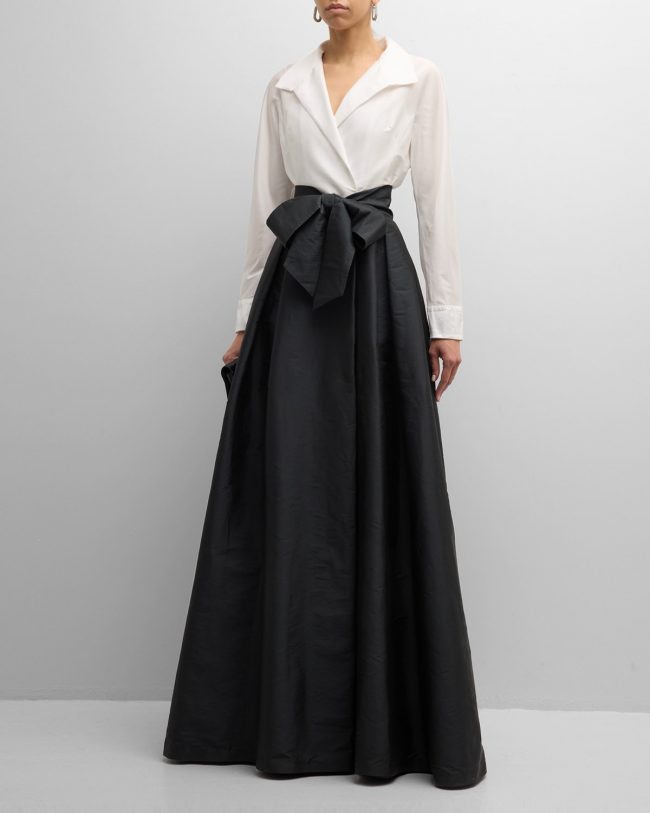 Two-Tone Belted Taffeta Shirt Gown