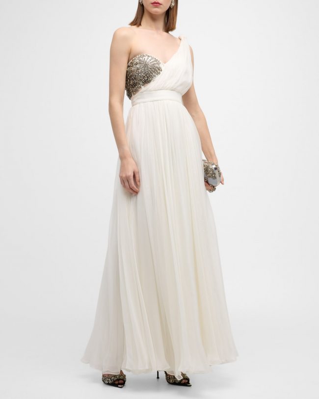 Victorian Embellished One-Shoulder Cape Chiffon Gown