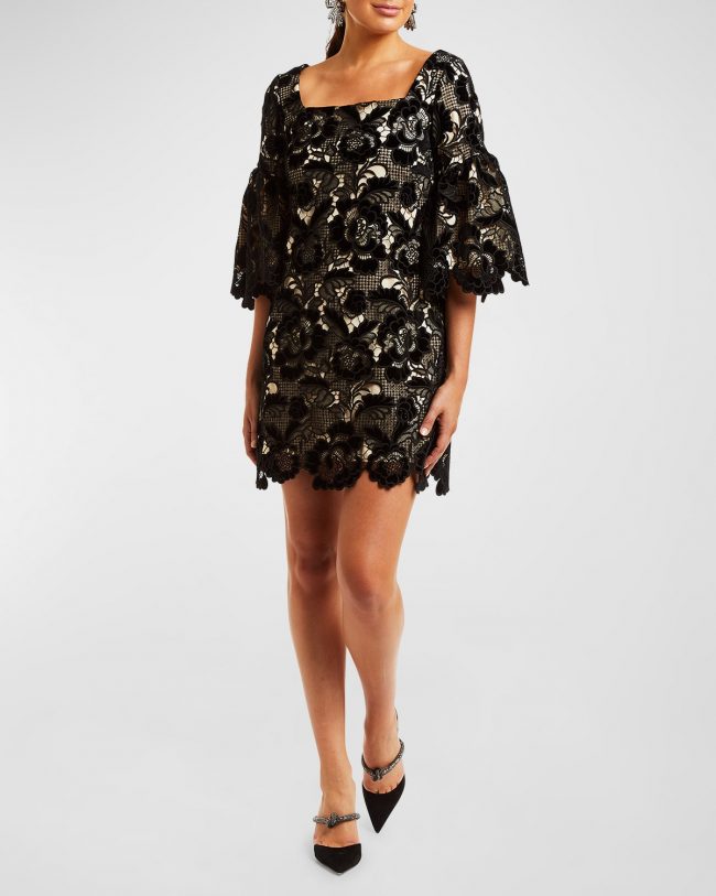 Vivienne Bell-Sleeve Velvet Lace Mini Dress