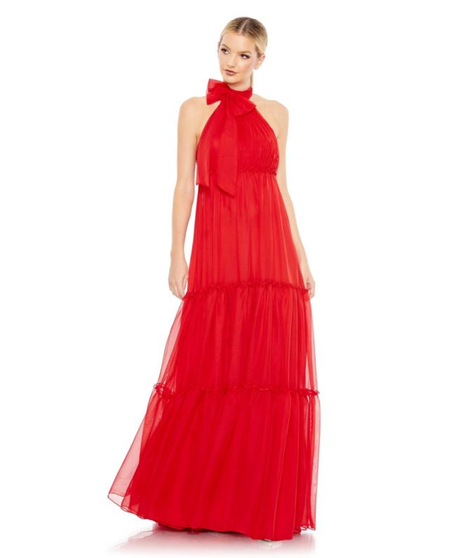 Women's Ieena Ruched Tiered High Neck Bow A Line Gown - Red