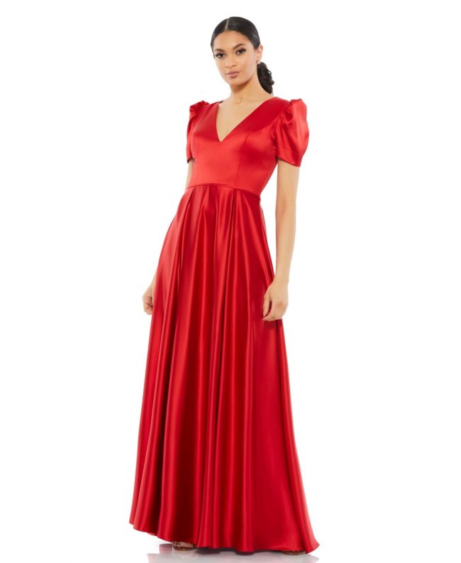 Women's Ieena V Neck Cap Puff Sleeve Satin Gown - Red