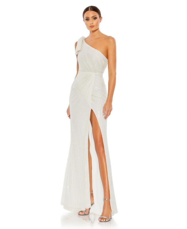 Women's Pearl Embellished Soft Tie One Shoulder Gown - White